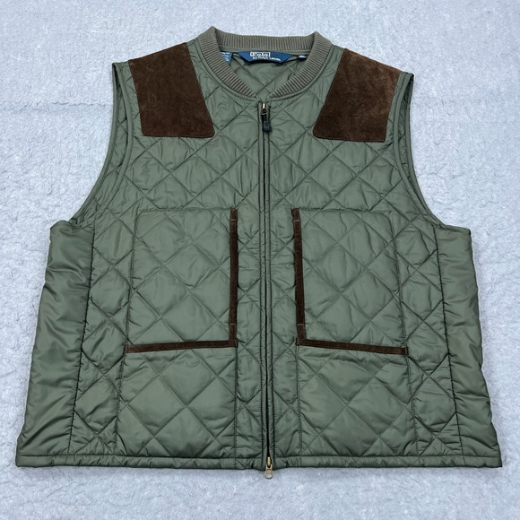 VTG Polo Ralph‎ Lauren Vest Mens XXL Green Quilted Leather Suede Hunting Gilet